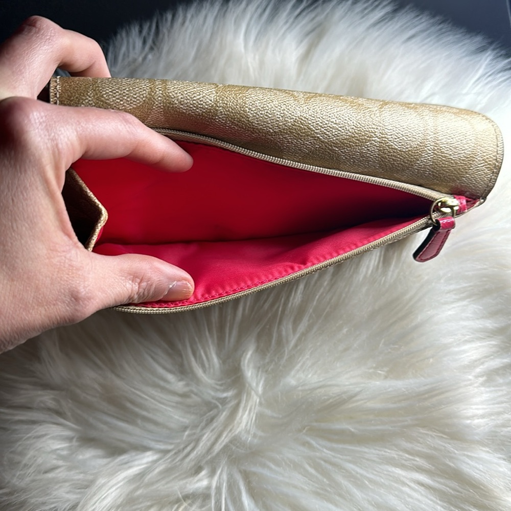 Coach Signature Coated Canvas Full Size PVC Checkbook Wallet Khaki / Pink Ruby - Picture 12 of 12